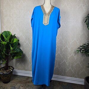 Venti6 Size 1X Lagoon Blue Caftan Gold Embroidered Applique Trim Maxi Length